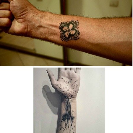 cef03e51eb0296a2381803062e8c6ff6 Татуювання на запясті для чоловіків. Фото, ескізи: нескінченність, корона, написи з перекладом, хрест, браслет. Значення татуювань