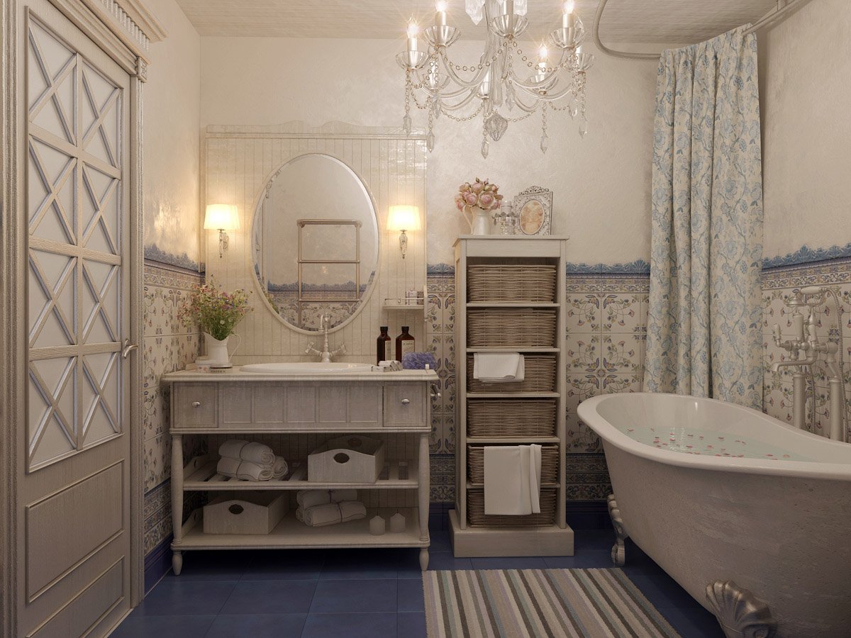  Ванна в стилі прованс: особливості стилю, оздоблювальні матеріали для стін, дизайн і інтерєр санвузли, меблі і плитка для кімнати