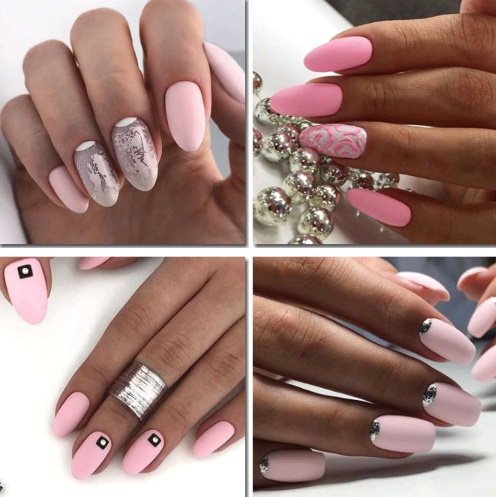 86ffca0562ac5c21ea23100b8470314a Дизайн нігтів ніжно рожевий. Фото манікюру з сріблом, блискітками, білим, чорним кольором
