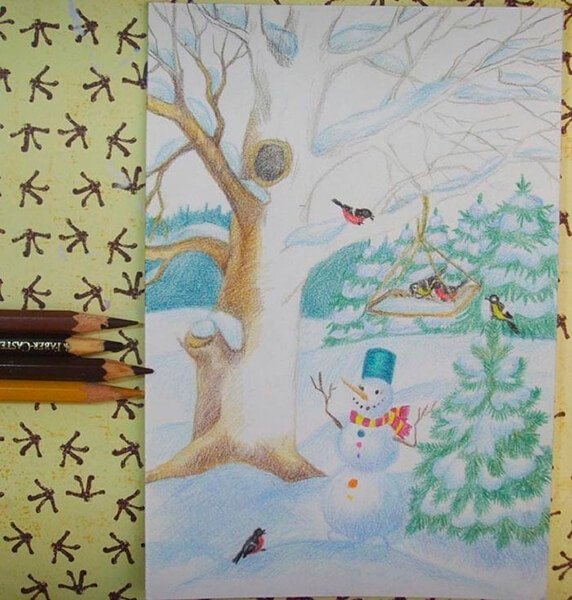 risunki na temu zima: chto mozhno narisovat kraskami i karandashom66 Малюнки на тему зима: що можна намалювати фарбами та олівцем