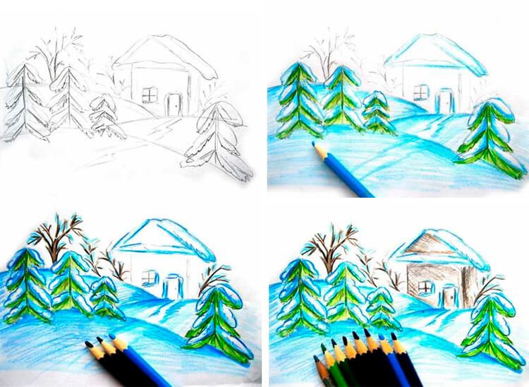 risunki na temu zima: chto mozhno narisovat kraskami i karandashom88 Малюнки на тему зима: що можна намалювати фарбами та олівцем